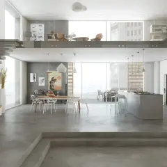 Interni moderni con cucina a isola, zona pranzo e soppalco. I **colori resina cucina** dominano il pavimento e le superfici, creando un ambiente minimalista e sofisticato.