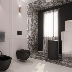 Elegante bagno bianco e nero con sanitari sospesi, rivestimenti in pietra naturale e specchi moderni.