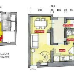 Progetti casa a due piani interno: planimetria piano terra con soggiorno, cucina, lavanderia, ripostiglio e scala a chiocciola. Indicazioni demolizioni/costruzioni.