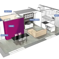 Progetto casa 100 mq un piano: vista aerea di un appartamento con zona giorno, cucina, bagno e zona notte.