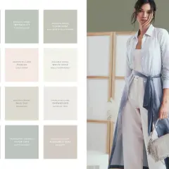 Palette di colori che si abbinano con il grigio, con nomi di vernici e suggerimenti d'uso.