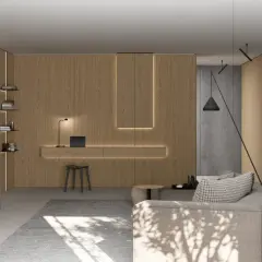 Moderna zona giorno con pannelli in legno e illuminazione integrata, perfette idee per dividere zona giorno da zona notte.