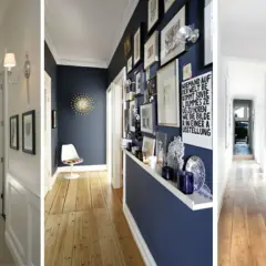 Idee per un corridoio stretto: tre stili diversi, da quello classico con specchio a quello moderno con galleria d'arte e minimalista con stampe.