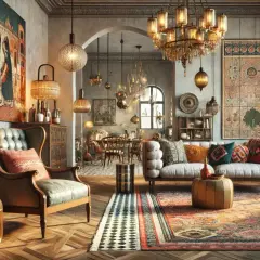 Un salotto con un accogliente stile eclettico casa, ricco di tappeti orientali, mobili d'epoca e lampade decorative.