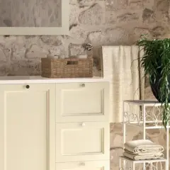 Bagni stile rustico con mobile lavabo color crema, pareti in pietra grezza e piante verdi.