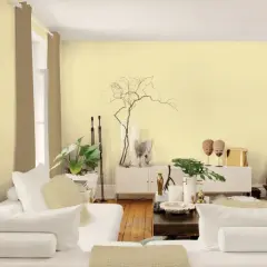 Soggiorno con pareti color sabbia dorata, divani bianchi e mobili chiari.