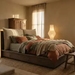 Camera da letto mix antico e moderno: letto basso in legno scuro, testiera imbottita, lenzuola color terra e verde salvia, coperta in maglia, armadio antico, lampada di carta.