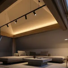 Illuminazione mansarda con tetto spiovente, travi a vista e faretti moderni. Accogliente salotto con divano angolare e poltrona in pelle.