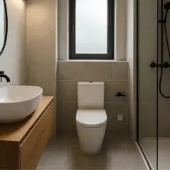 Bagno piccolo con gradino, lavabo ovale, specchio rotondo, doccia con piatto a filo pavimento e finestra opaca.