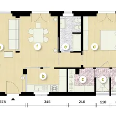 Pianta di un progetto casa 70 mq rettangolare: soggiorno (a), cucina (b), bagni (c), camera da letto (d), bagno con vasca (e), zona pranzo (f).