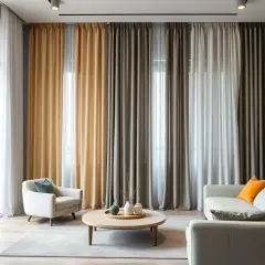 Tendenze tende camera da letto: tessuti stratificati in tonalità neutre e calde creano un'atmosfera accogliente.