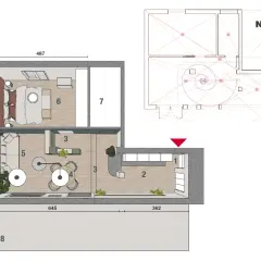 Planimetria casa 50 mq 2 camere: zona giorno con cucina a vista (1, 2), sala da pranzo (4), soggiorno (5), camera da letto (6) e altra camera (7).