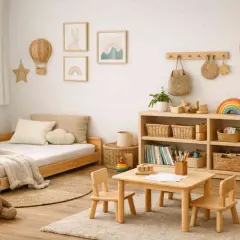 Cameretta con letto basso, tavolino e sedie in legno, scaffali con giochi e decorazioni naturali. Idee cameretta Montessori per un ambiente sereno e stimolante.
