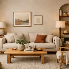 Un salotto accogliente con divano beige, tavolino in legno e quadri alle pareti. I **colori caldi** dominano, creando un'atmosfera rilassante.