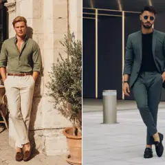 Uomo in camicia verde oliva e pantaloni chiari, e uomo in completo verde oliva. Eleganti abbinamenti.