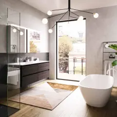 Bagno moderno con vasca freestanding, doppio lavabo e doccia walk-in. Il tappeto geometrico e le tonalità neutre creano un'atmosfera di colore bagno rilassante.