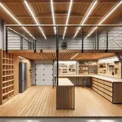 Moderna officina con soppalco in legno, illuminazione a LED e pareti attrezzate. Ottime idee per soppalco in legno funzionale e di design.