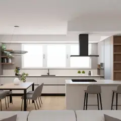 Elegante cucina open space con isola, bancone snack, tavolo da pranzo e cappa nera.