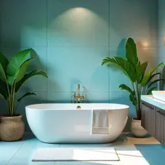 Un moderno bagno verde e beige con vasca freestanding, piante rigogliose e lavabo integrato.