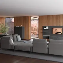 Un moderno soggiorno con un tavolo e divano vicini, pareti in legno e un giardino interno.
