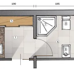 Progetto per un piccolo antibagno: lavabo (3), specchio (2), mobile (4), armadio (5), doccia (7), WC (6) e lavatrice (8).