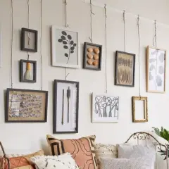 Una galleria di quadri appesi in modo originale con corde, tra cui una palma, conchiglie e piume.