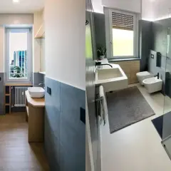 Bagno piccolo stretto con doccia in vetro, lavabo moderno e sanitari sospesi. Pareti grigie e pavimento in legno chiaro.