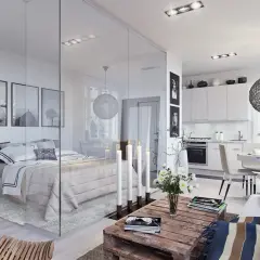 Un progetto di casa 50 mq con zona notte separata da un vetro, cucina a vista e soggiorno accogliente.
