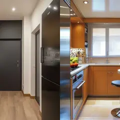 Soluzioni intelligenti per progetti cucine piccole e strette: mobili in legno, elettrodomestici a vista e un'area pranzo compatta.