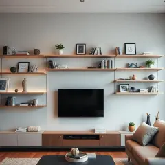 Soluzione moderna per arredare una parete con mensole: libri, vasi e piante creano un'atmosfera accogliente.