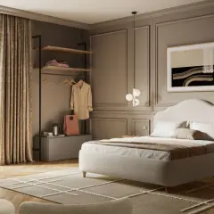 Camera da letto elegante, perfetta per arredare un B&B. Letto imbottito, armadio a giorno, poltrone e un quadro astratto creano un'atmosfera accogliente.