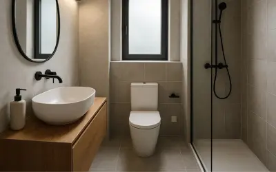 Bagno piccolo con gradino, lavabo ovale, specchio rotondo, doccia con piatto a filo pavimento e finestra opaca.
