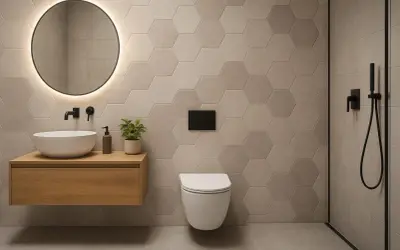 Bagno moderno con piastrelle esagonali beige, lavabo sospeso in legno e specchio rotondo illuminato. Idee bagno piastrelle per un look sofisticato.
