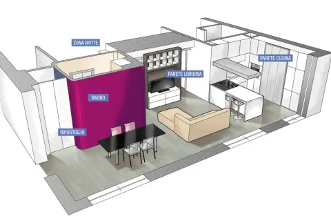 Progetto casa 100 mq un piano: vista aerea di un appartamento con zona giorno, cucina, bagno e zona notte.