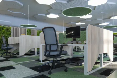 Ufficio moderno con pareti verdi, soffitto esagonale e tappeto geometrico. Ottime idee arredamento ufficio per un ambiente stimolante.