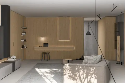Moderna zona giorno con pannelli in legno e illuminazione integrata, perfette idee per dividere zona giorno da zona notte.