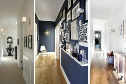 Idee per un corridoio stretto: tre stili diversi, da quello classico con specchio a quello moderno con galleria d'arte e minimalista con stampe.