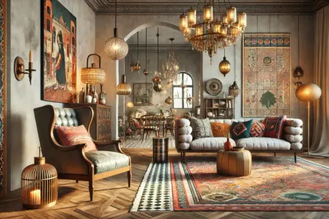 Un salotto con un accogliente stile eclettico casa, ricco di tappeti orientali, mobili d'epoca e lampade decorative.