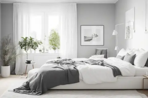 Camera da letto in stile minimalista, con letto bianco, coperte grigie e piante verdi. Un'oasi di pace che rispetta i principi del feng shui.