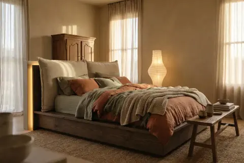 Camera da letto mix antico e moderno: letto basso in legno scuro, testiera imbottita, lenzuola color terra e verde salvia, coperta in maglia, armadio antico, lampada di carta.