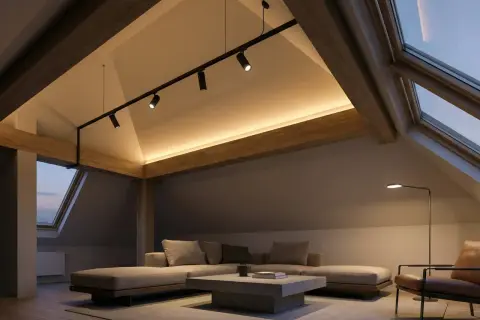 Illuminazione mansarda con tetto spiovente, travi a vista e faretti moderni. Accogliente salotto con divano angolare e poltrona in pelle.