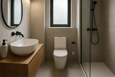 Bagno piccolo con gradino, lavabo ovale, specchio rotondo, doccia con piatto a filo pavimento e finestra opaca.