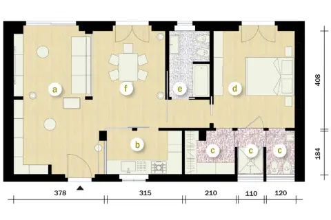 Pianta di un progetto casa 70 mq rettangolare: soggiorno (a), cucina (b), bagni (c), camera da letto (d), bagno con vasca (e), zona pranzo (f).