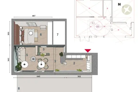 Planimetria casa 50 mq 2 camere: zona giorno con cucina a vista (1, 2), sala da pranzo (4), soggiorno (5), camera da letto (6) e altra camera (7).
