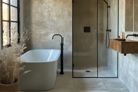 Bagno moderno con vasca freestanding, doccia walk-in e lavabo in legno grezzo. Pareti effetto resina e dettagli neri.