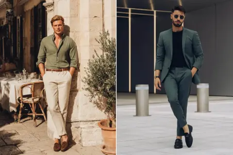 Uomo in camicia verde oliva e pantaloni chiari, e uomo in completo verde oliva. Eleganti abbinamenti.