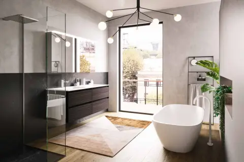 Bagno moderno con vasca freestanding, doppio lavabo e doccia walk-in. Il tappeto geometrico e le tonalità neutre creano un'atmosfera di colore bagno rilassante.