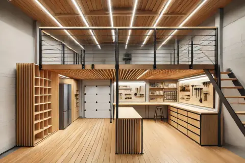 Moderna officina con soppalco in legno, illuminazione a LED e pareti attrezzate. Ottime idee per soppalco in legno funzionale e di design.