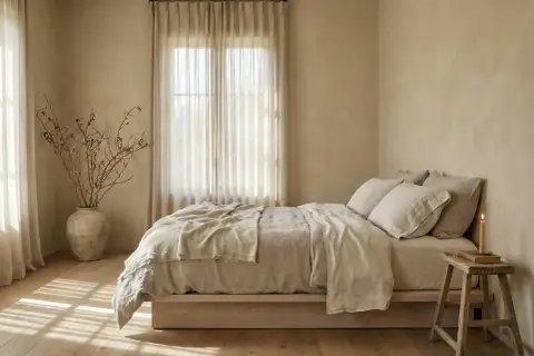 Camera da letto con pareti color sabbia e mobili chiari. Un letto con lenzuola di lino beige, un vaso con rami secchi e una candela accesa.