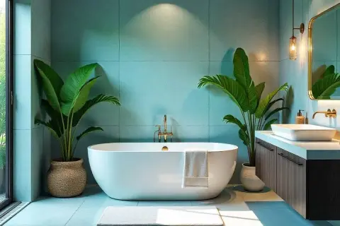 Un moderno bagno verde e beige con vasca freestanding, piante rigogliose e lavabo integrato.